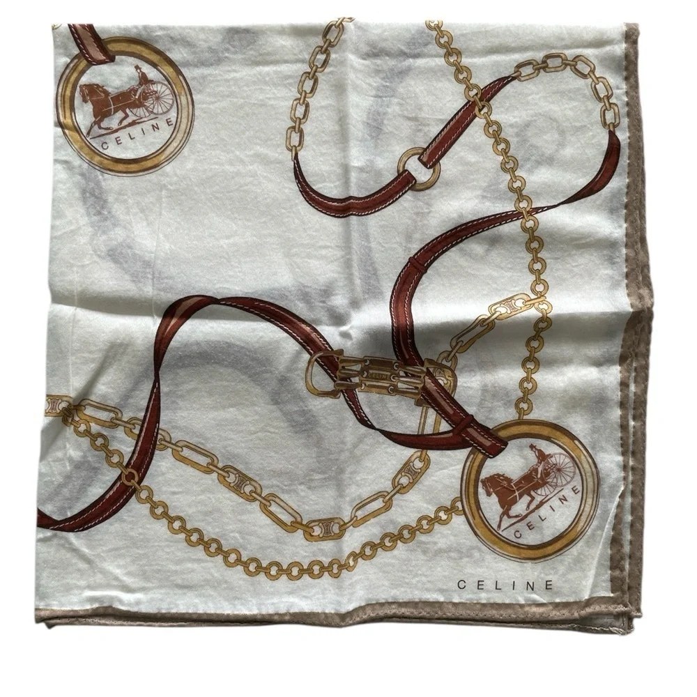 Authentic Celine Vintage Equestrian Chain Print Handkerchief in White and Brown